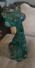 Fenton Winking Alley Cat Iridescent Green/ Teal  Carnival Glass 11"  Smiling Cat