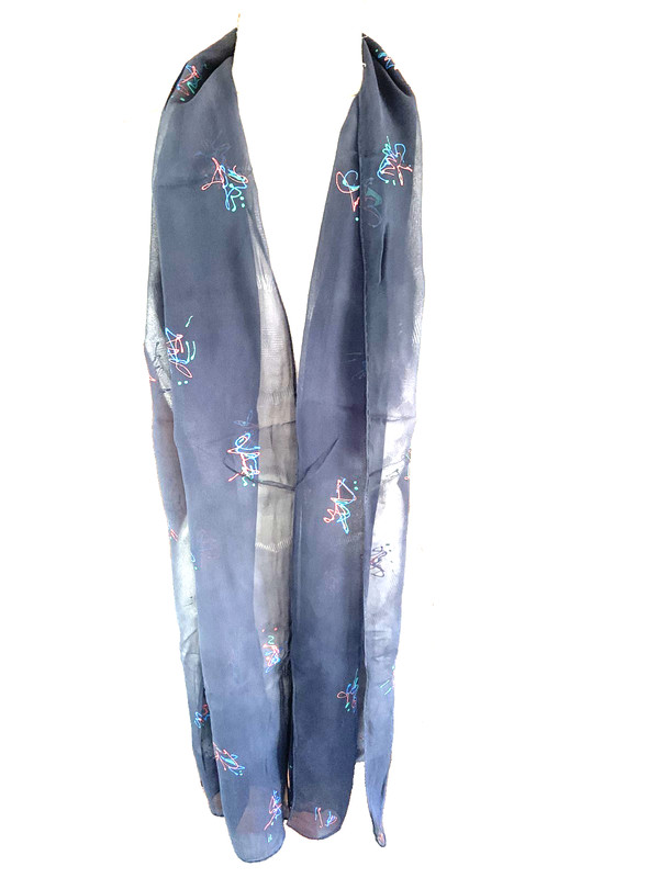 Scarf Wearable Art Pattern Silk Chiffon Blue Fabric Hand Sewn Size 13" x 68"