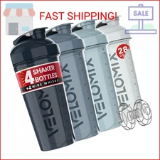 VELOMIX -4 PACK 28 Oz Protein Shaker Bottle for Protein Mixes - 4x Wire Whisk | 