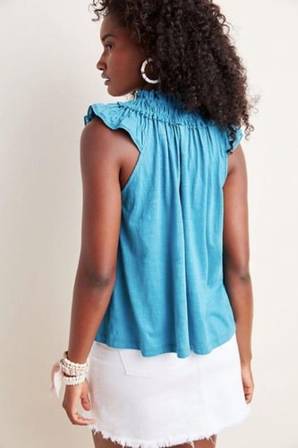 Anthropologie Ranna Gill Freya Ruffle Neck Top Sz XS Blue Lace Trim New $68 Tag - Picture 4 of 7