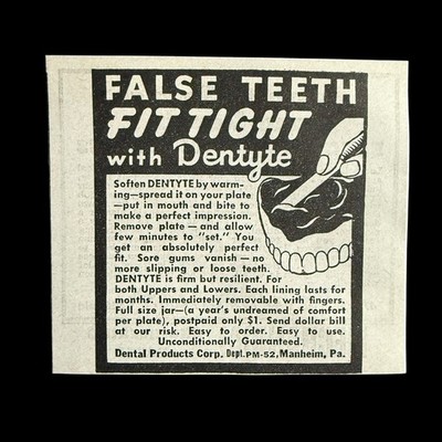 SEP 1945 PM Ad Vintage Denture Dentite False Teeth Dental PA #586