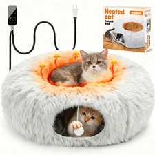 Heated Cat Bed Indoor   31.5'' Cozy Warming Donut Cat Tunnel Bed with Timer ...