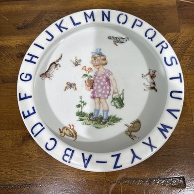 Antique VTG Schumann Bavaria Alphabet Bowl | Girl w/ Flower & Little Animals