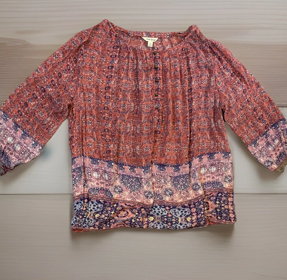 Blusa para mujer LUCKY BRAND grande tapiz rosa y rojo Henley campesino boho top Foto 3 de 4