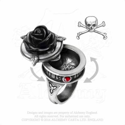 ALCHEMY SUB ROSA POISON RING, SECRET STASH COMPARTMENT Black Rose