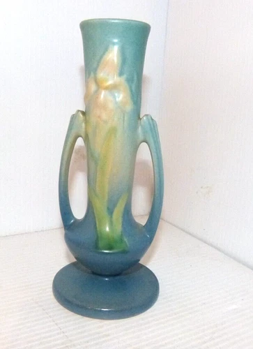 Vintage Roseville Pottery Blue Iris Flower Handled Bud Vase 7 1/2"