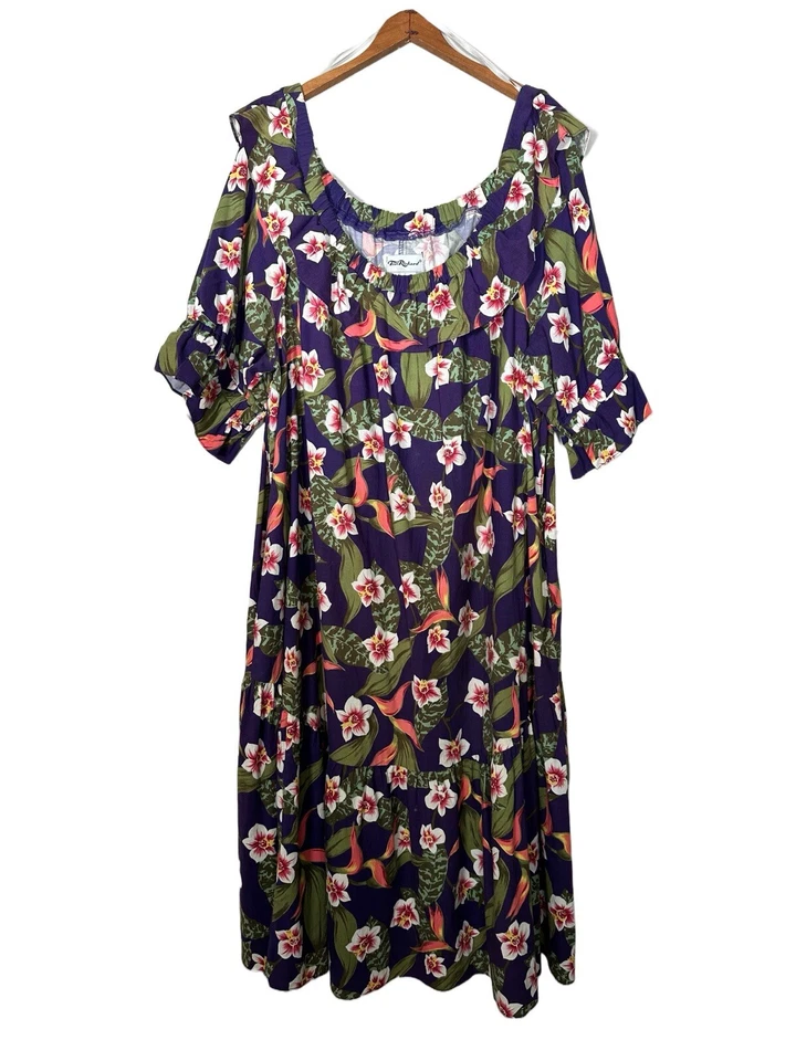 Vintage Tori Richard Dress Purple M Floral Hawaiian Midi Maxi Ruffles MuuMuu - Image 2 of 4