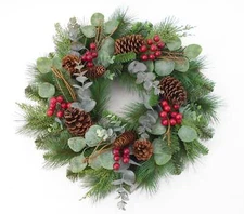 Christmas Artificial Pine Eucalyptus Red Berry Wreath, 24"
