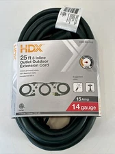 HDX 25ft Extension Cord With 3 Inline Outlets 14 Gauge Outdoor Green 15A