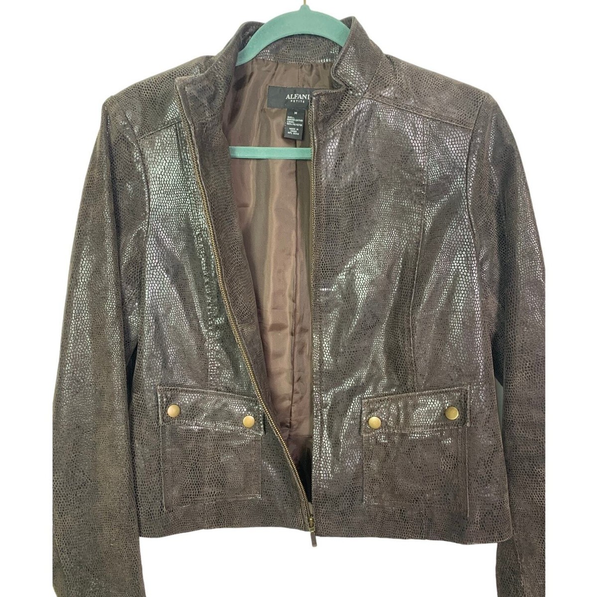 Alfani Brown Snakeskin Leather Moto Jacket, Size Petite M | eBay display picture 1