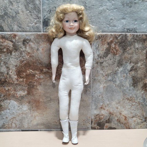 Porcelain Doll Blond Hair Blue Eyes Blue Dress Lace Trim Matching Hat Bag 19" - Picture 8 of 14