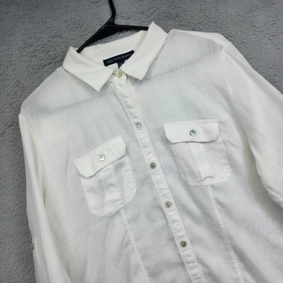 Camisa de lino Saks Fifth Avenue Top para mujer XL blanca manga enrollable Coastal Resort Foto 2 de 4