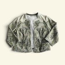 Chico's Green Paisley 100 Cotton Jacket Fringed Beaded Open Front Boho Size 1 M