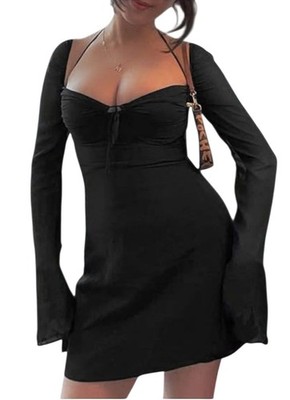 Y2k 90s Womens Black Flare Sleeve Witchy Grunge Fairycore Gothic Mini Dress Sz S