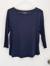 Charter Club Womens Top L Blue Pima Cotton Boat Neck 3/4 Sleeve Faux Buttons Tee