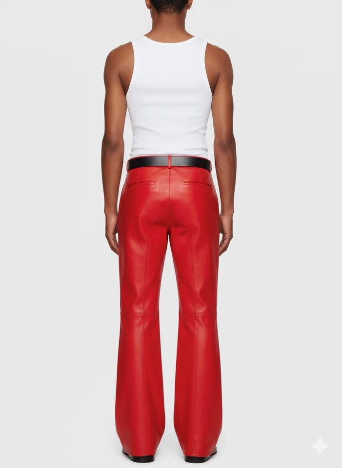 Pantalones de mezclilla rojos estilo bootcut elegante diseño informal para hombre cuero genuino de piel de cordero Foto 2 de 4