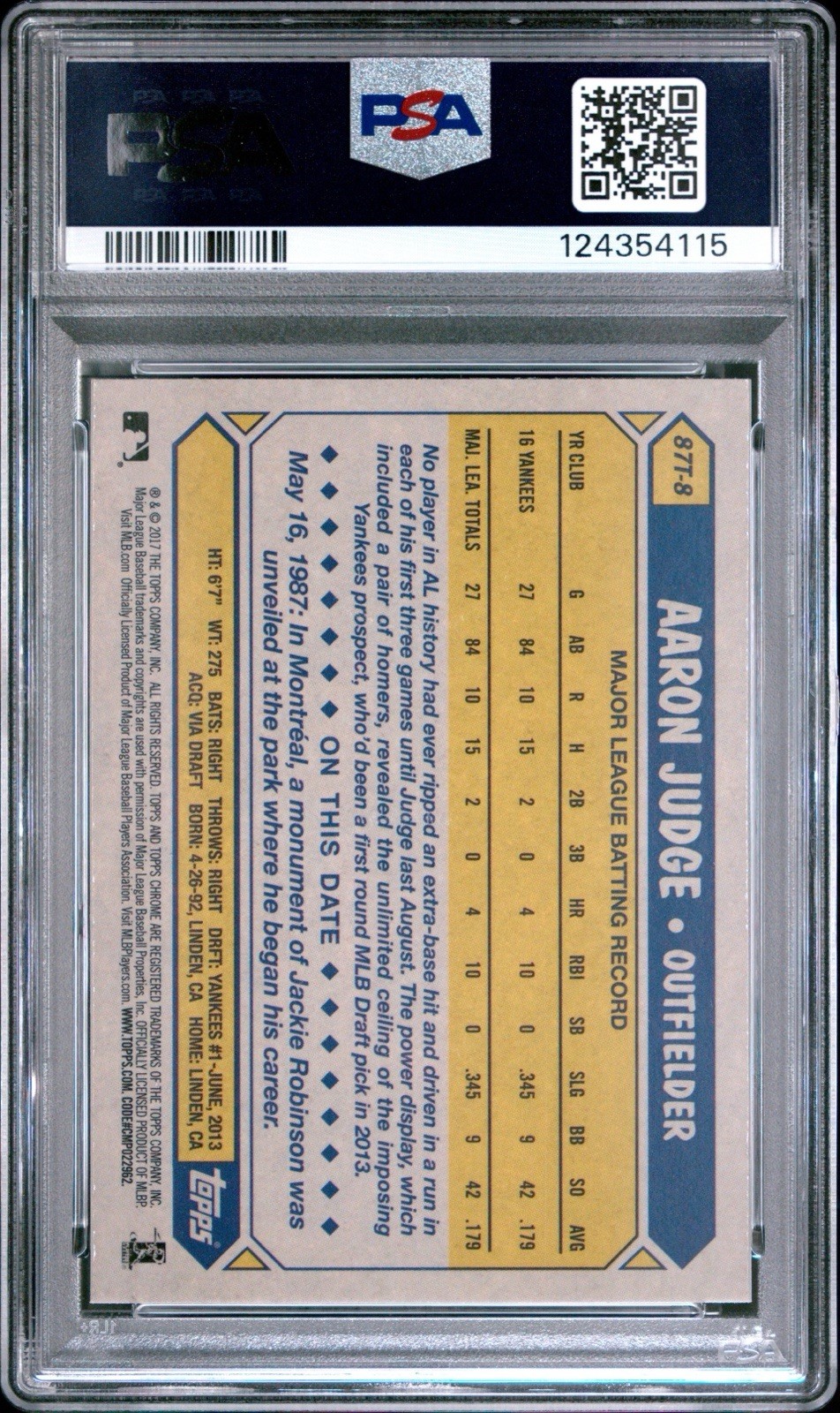 2017 Topps Chrome #87T-8 Aaron Judge RC Rookie 30th Anniversary Refractor PSA 10 view 2