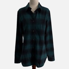 Flylow Brigitte Tech Flannel Shirt Teal Navy Black Plaid Size Medium Snap Front