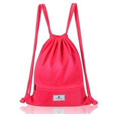Folding Sports Sack Drawstring Backpack String Bag w/Zipper Pocket