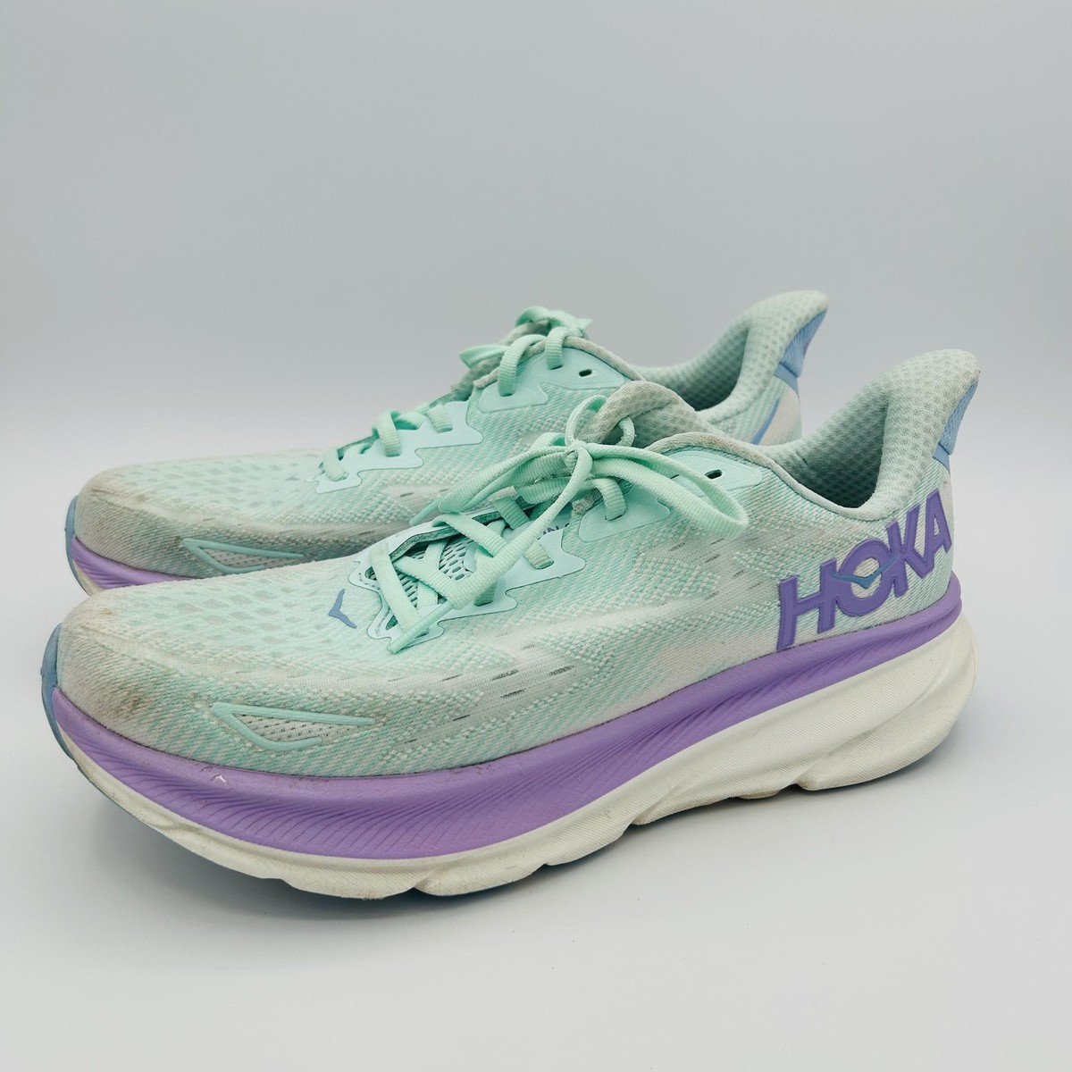 HOKA Clifton 9 Shoes Womens Size 10.5 B Mint Green Purple Running
