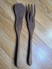 Wooden Salad Serving Set Spoon and Fork MCM Mid Century Service Ware Utensils