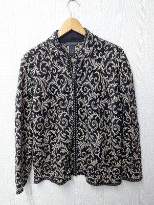 Nomadic Traders Black Tan Pattern Full Zip Cardigan Sweater Boho Women's Large