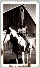 Vtg B&W Snapshot Two Young Boys Riding Spotted Pinto Horse By Farm Barn 1941