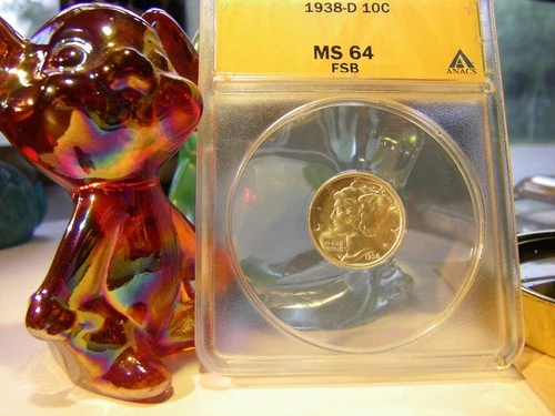 Rare 1938 D 10C Silver Mercury Dime ANACS MS 64 (Full Split Bands)