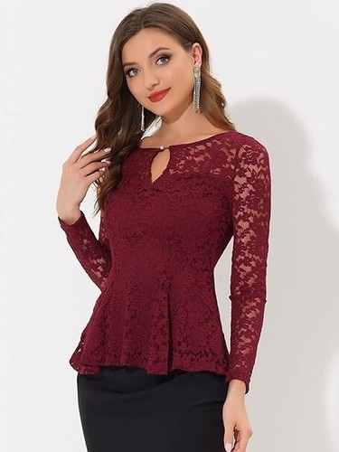 Allegra K Women's Lace Peplum Tops Round Neck Long Sleeve Elegant Floral Lace M - Picture 2 of 6