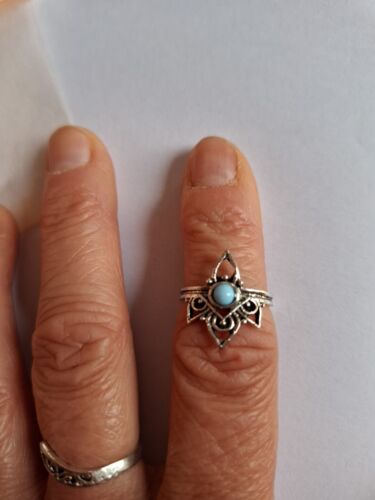 Metal Ring With Decorative Design And Turquoise Stones Ring Size 14, UK N 1/2 - Picture 2 of 4