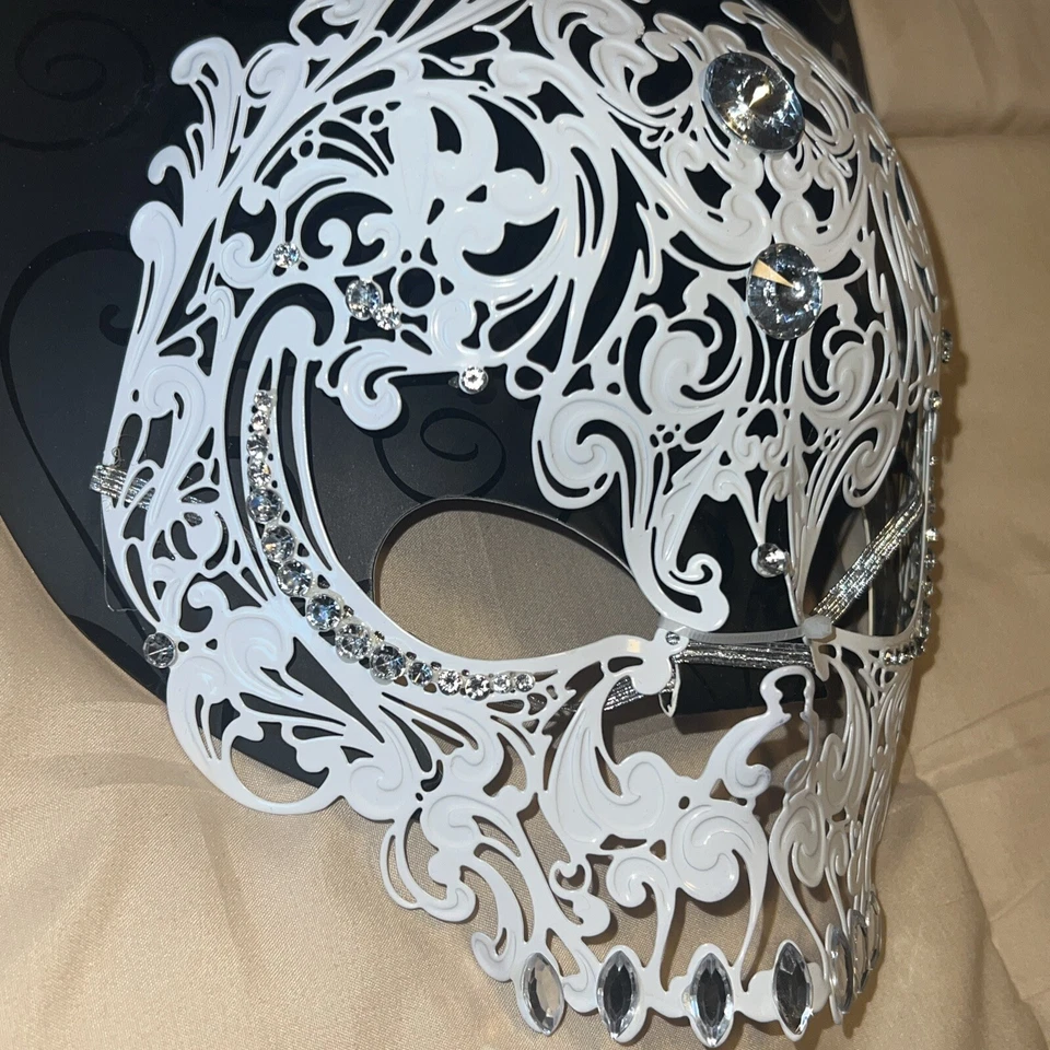 Beautiful White Skull Eye Mask Halloween Skeleton Metal, Rhinestone, Elegant - Image 3 of 4