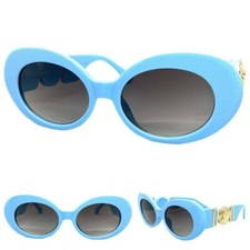 Oversize Vintage Retro Style SUNGLASSES Big Thick Blue Oval Frame Gold Medallion