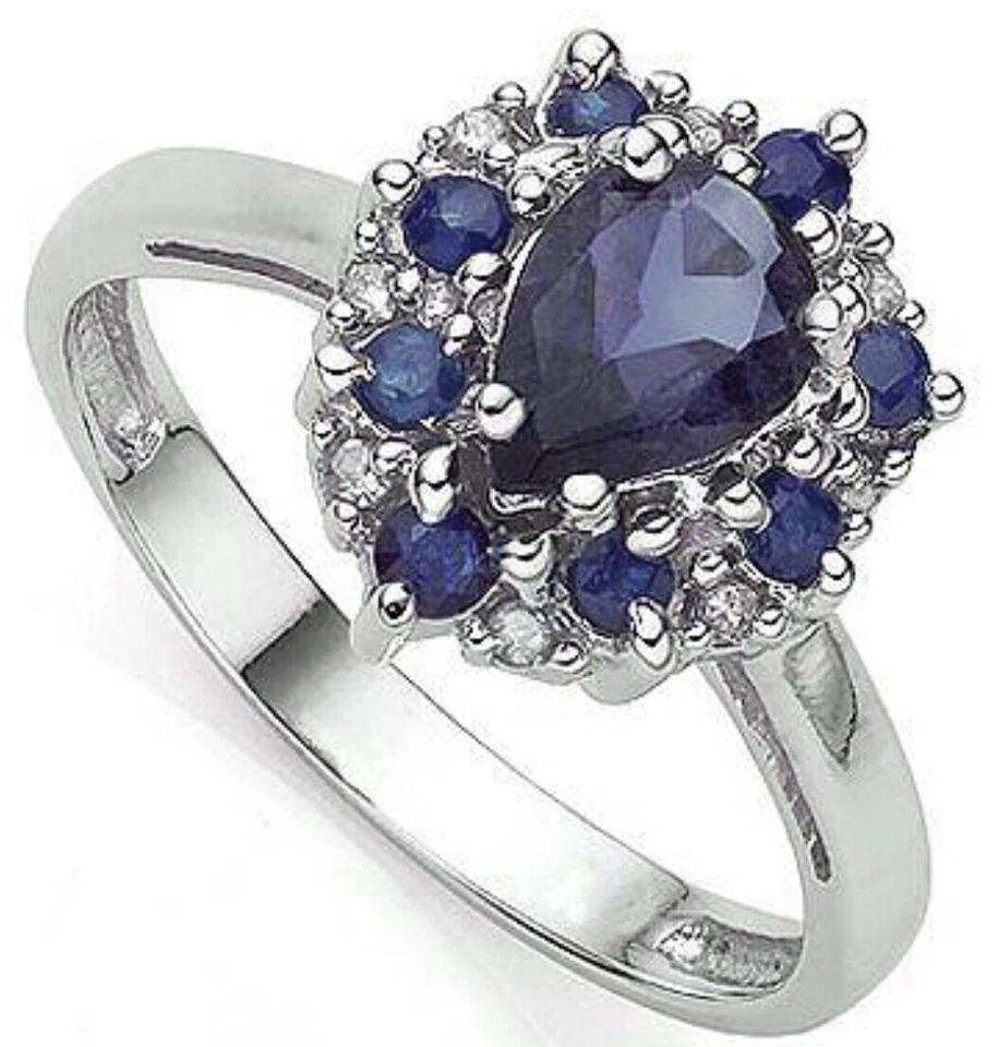 Women 10K Solid White Gold Diamonds & Black Sapphire Size 7  Designer Ring - Image 2 of 4