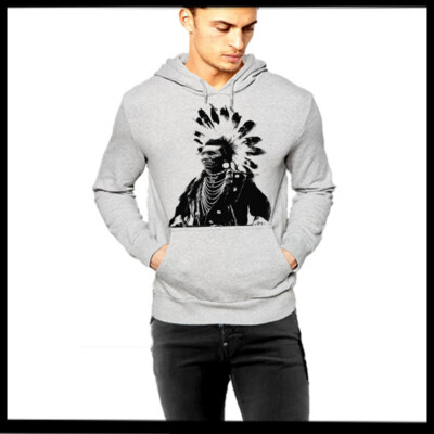 Native American Indian Grey Hoodie Chief With Headdress Pullover Size S-2XL