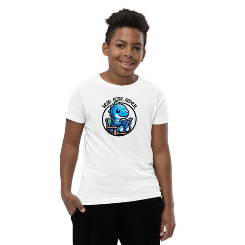 Read Roar Repeat Cute Blue Dinosaur Reading Youth Short Sleeve T-Shirt S - XL - Picture 3 of 12