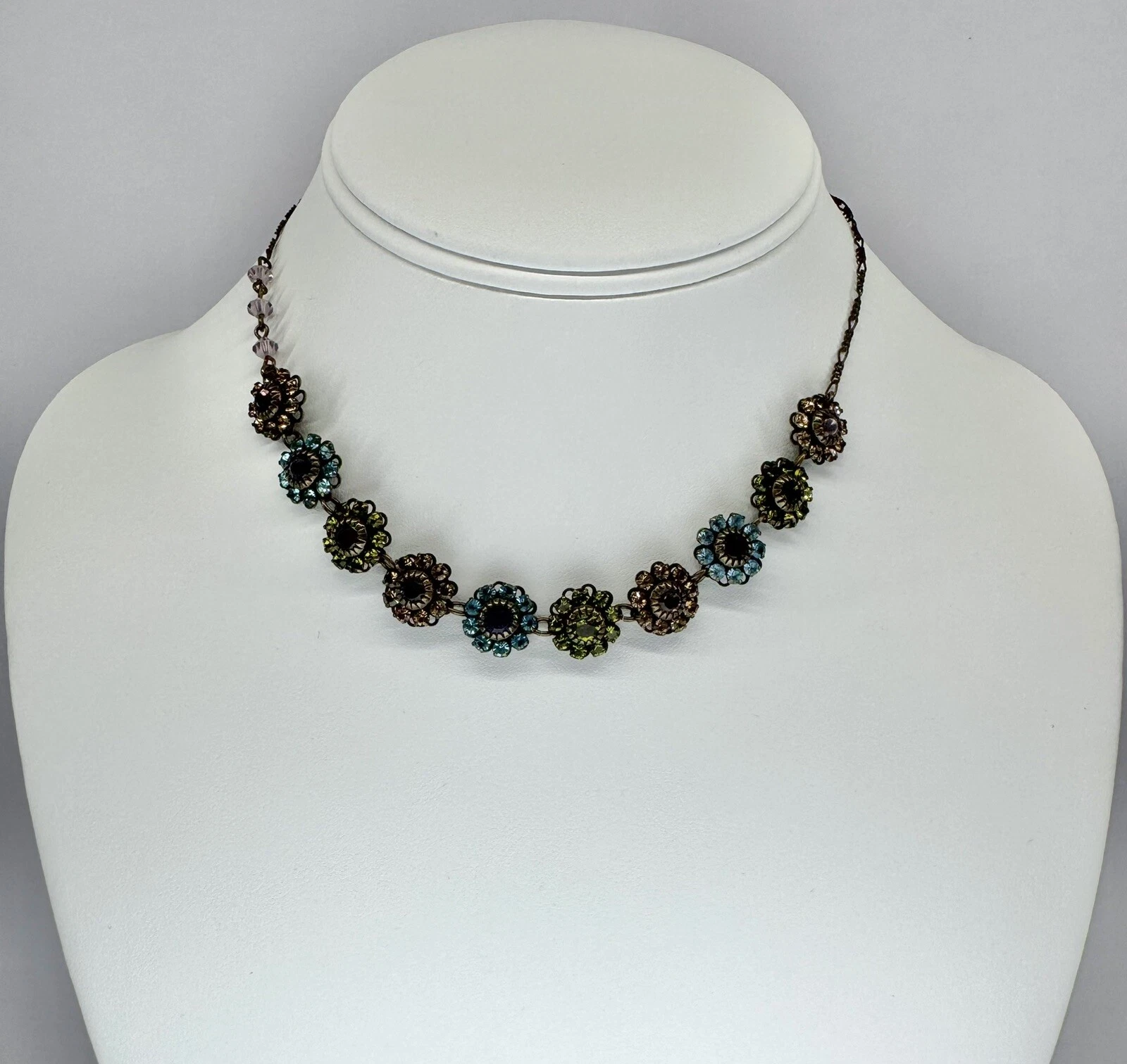 LIZ PALACIOS Brass Multicolor Swarovski Crystal Bead Floral Vintage Necklace N15