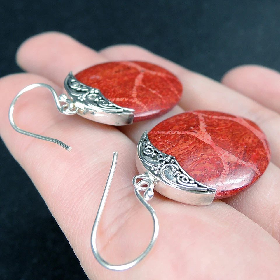 Orecchini in argento sterling 925 ovale corallo rosso naturale fatti a mano g... - Immagine 4 di 4