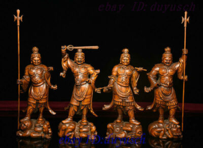 7'' Chinese Buddhism Boxwood wood 4 Great Protector Deity general God Statue Set