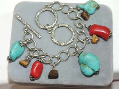Silver-Tone Bracelet with Coral and Turquoise Stones Red Coral and Turquoise Silver Cuff Bracelet | Boho  main image 4