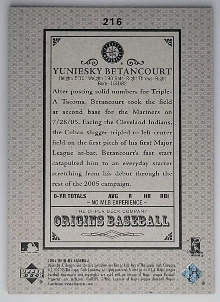 2005 Upper Deck Origins - Old Judge Blue #216 Yuniesky Betancourt /50 (RC) - Image 2 of 2