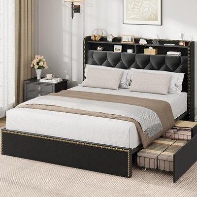 Velvet Full Queen King Size Bed Frame Platform Bed Upholstered 4 Storage Drawers