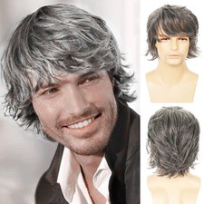 Mens Grey Wig Short Layered Natural Fluffy Synthetic Heat Resistant Halloween...