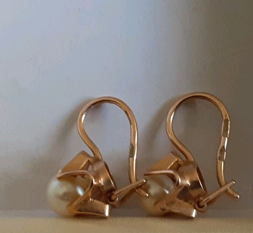 Vintage Original Soviet Rose Gold 583 14k Earrings with Cultured Pearl 3.33 g. - Picture 4 of 12