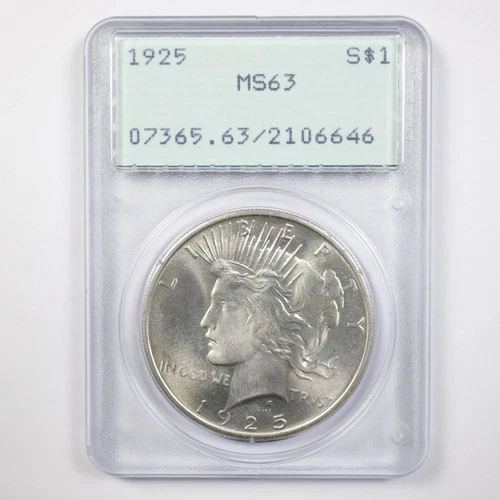 1925 MS63 PCGS Rattler Holder Peace Dollar $1 - Nice White Coin 30997