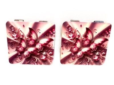 Two Double Sided Gold Pink Butterfly Makeup Folding Mirrors Compact