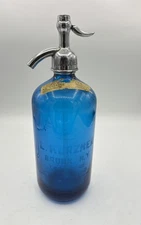 Vintage Czech Blue Glass Advertising Seltzer Bottle Kurzner Bronx, NY