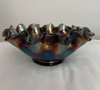Vintage Fenton Holly Cobalt Blue Carnival  Ruffled Glass Bowl