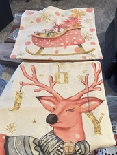 2 Vint. Style Pink Deer  Sleigh Christmas Decorative Pillow Covers/shams 20x20  
