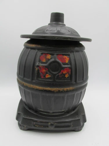 VINTAGE MCCOY POTTERY HEAVY BLACK POT BELLY STOVE WITH FLAME COOKIE JAR!