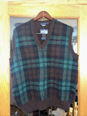 VTG Lands End Sweater Vest Mens Wool Ireland Plaid Brown